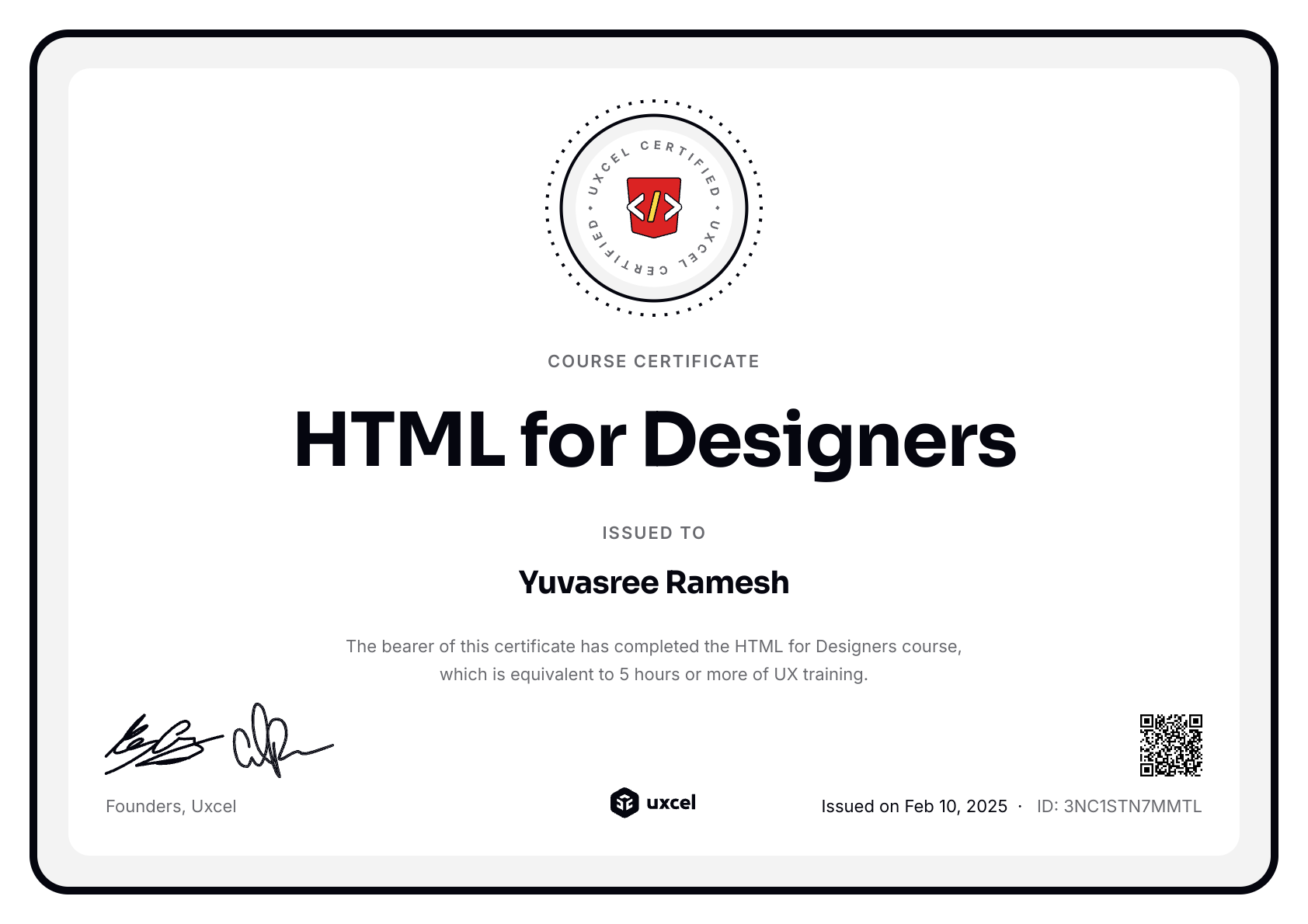 Yuvasree Ramesh's certificate